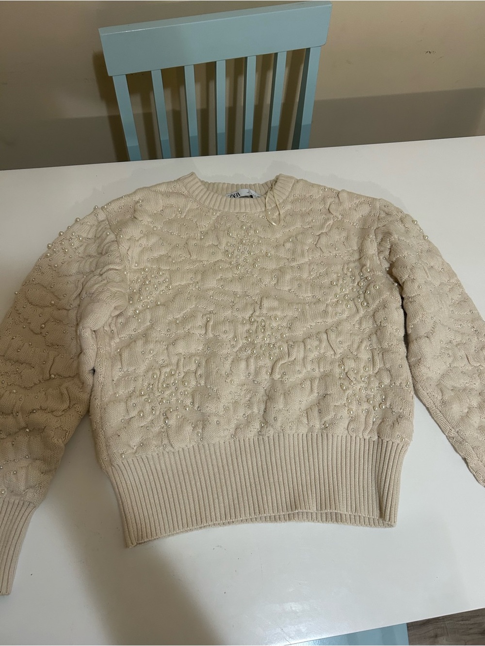 Zara Cream Pearl-Embellished Cable-Knit Crewneck Sweater